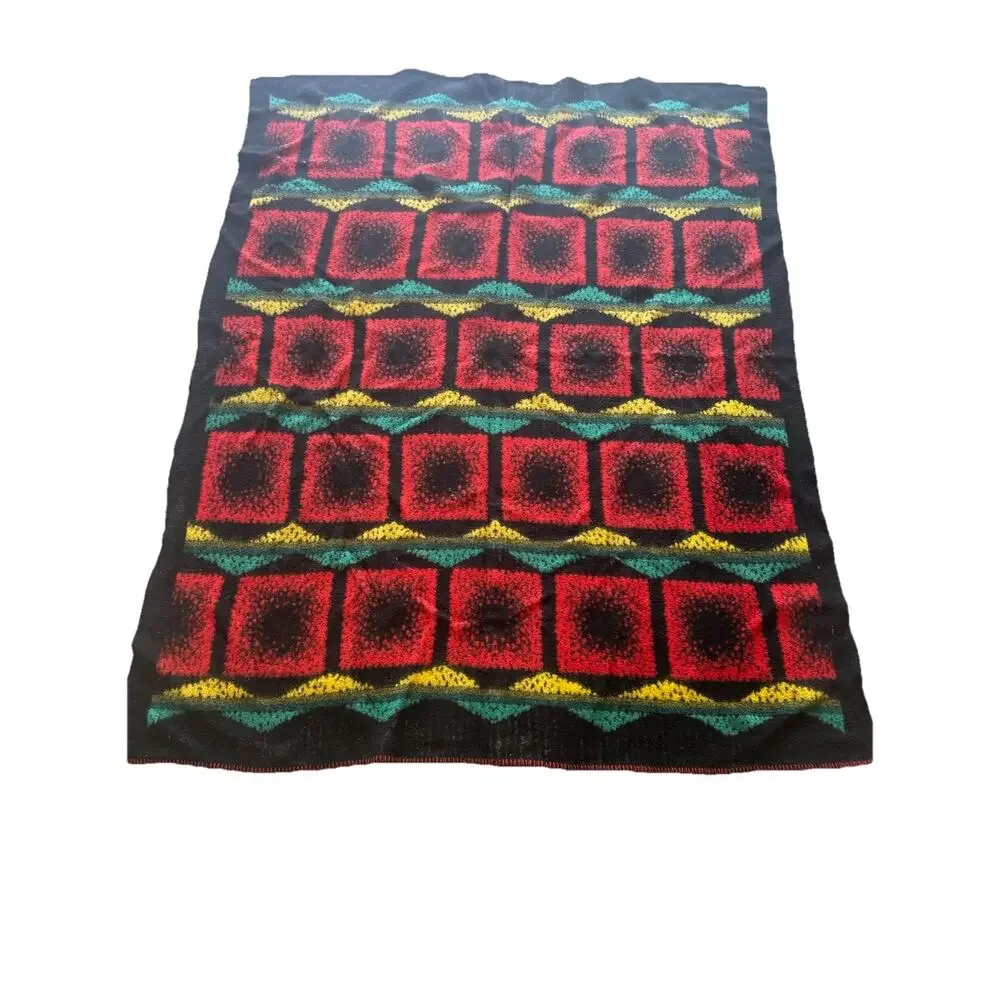 Vintage 1980s Reversible Wool Blend Acrylic Throw Blanket Retro Geometric